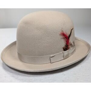 Vintage Tiger Pride Tan 100% Wool Bowler Derby Hat Made in USA XL Feather Accent